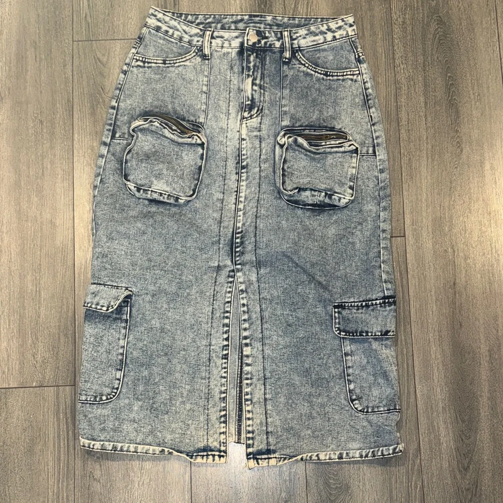 Denim Midi Skirt with Pockets - Picture 1 of 2